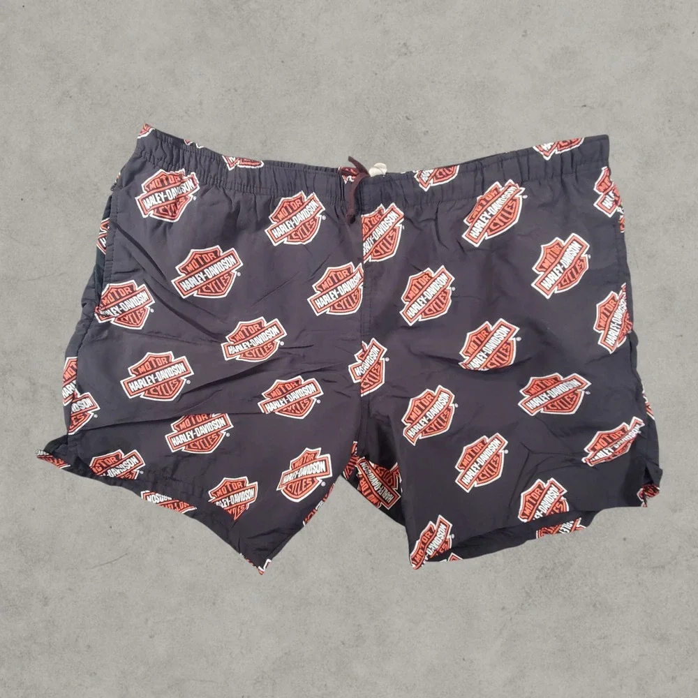 Harley-Davidson Swim Trunks Men Medium Black Logo Print Biker Shorts USA AOP 90s